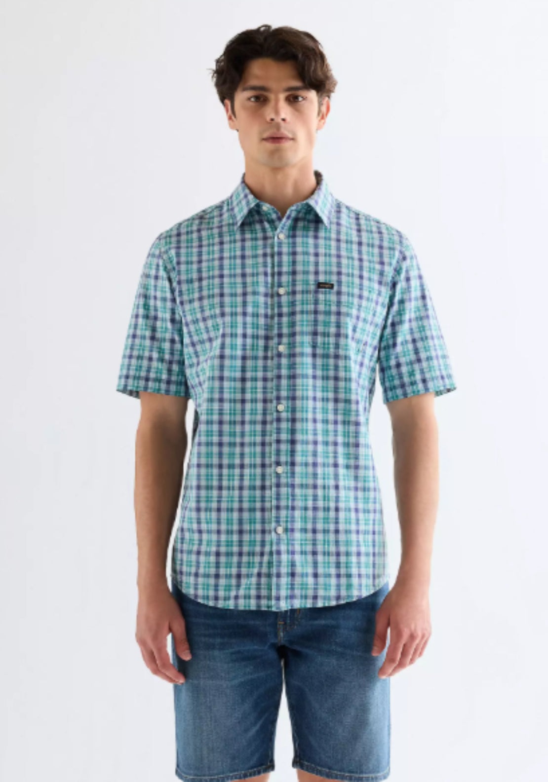 Wrangler Short Sleeve One Pocket Check Shirt - Teal Blue 1 Shaws Department Stores