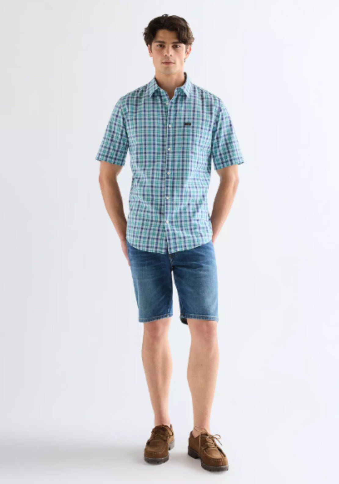 Wrangler Short Sleeve One Pocket Check Shirt - Teal Blue 5 Shaws Department Stores