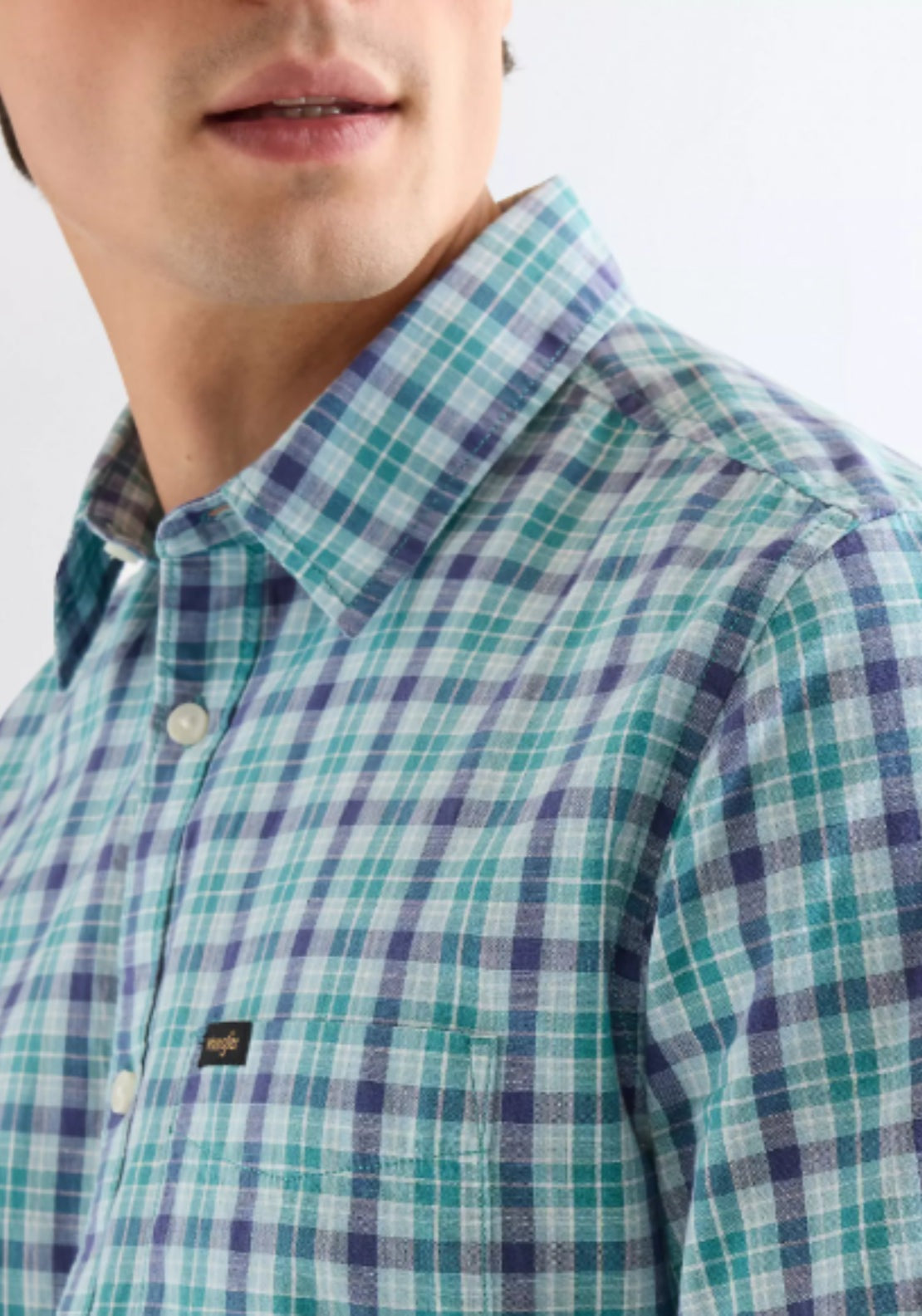 Wrangler Short Sleeve One Pocket Check Shirt - Teal Blue 4 Shaws Department Stores