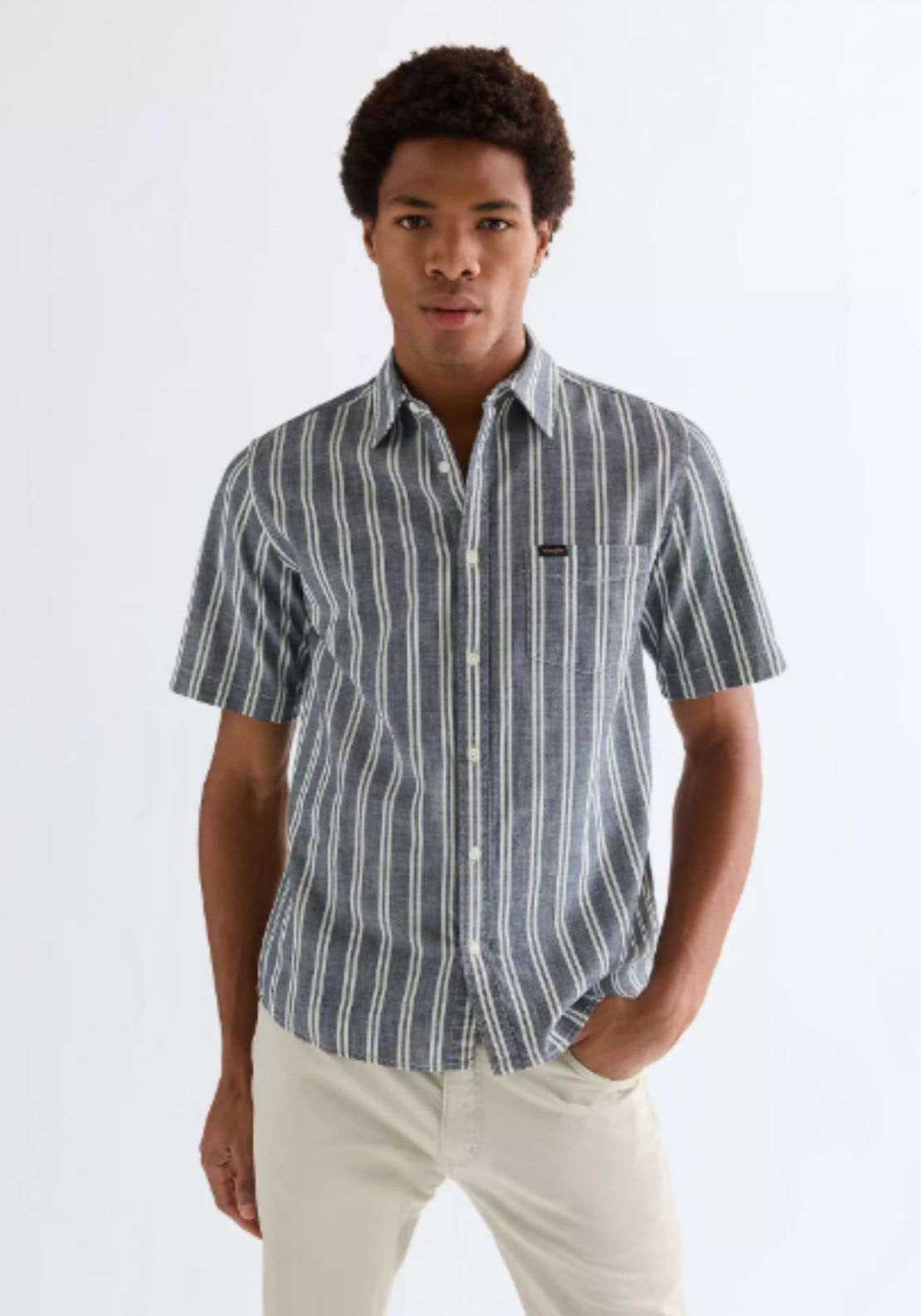 Wrangler Short Sleeve Chambray Shirt - Dark Stripe 1 Shaws Department Stores