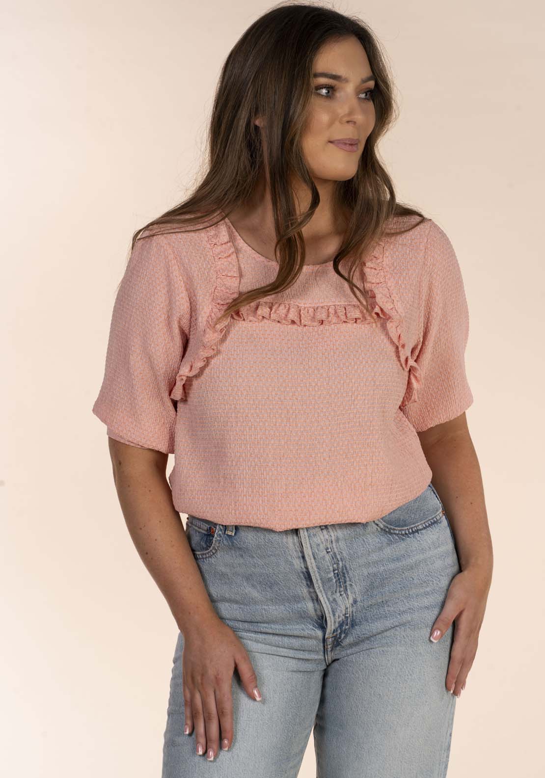 Naoise Textured Blouse With Frills - Pink 1 Shaws Department Stores
