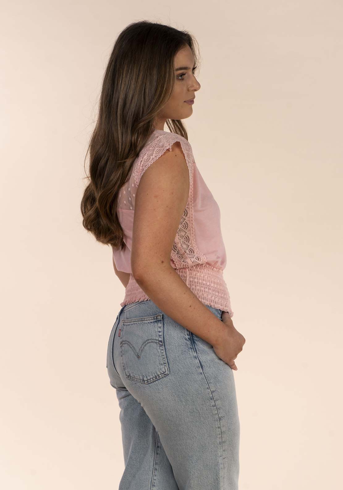 Naoise Mesh Yoke Elastic Hem Top - Pink 4 Shaws Department Stores