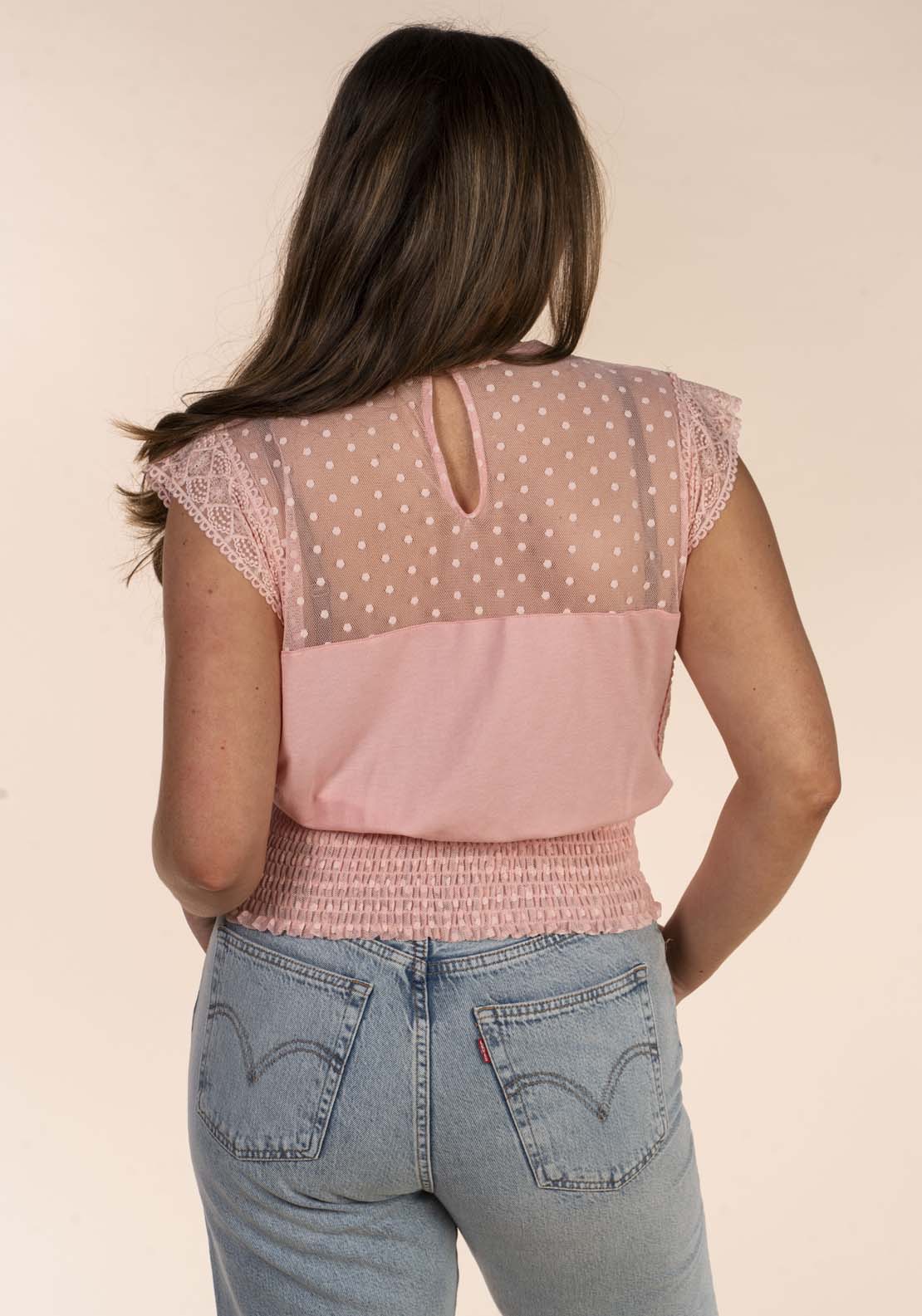 Naoise Mesh Yoke Elastic Hem Top - Pink 6 Shaws Department Stores