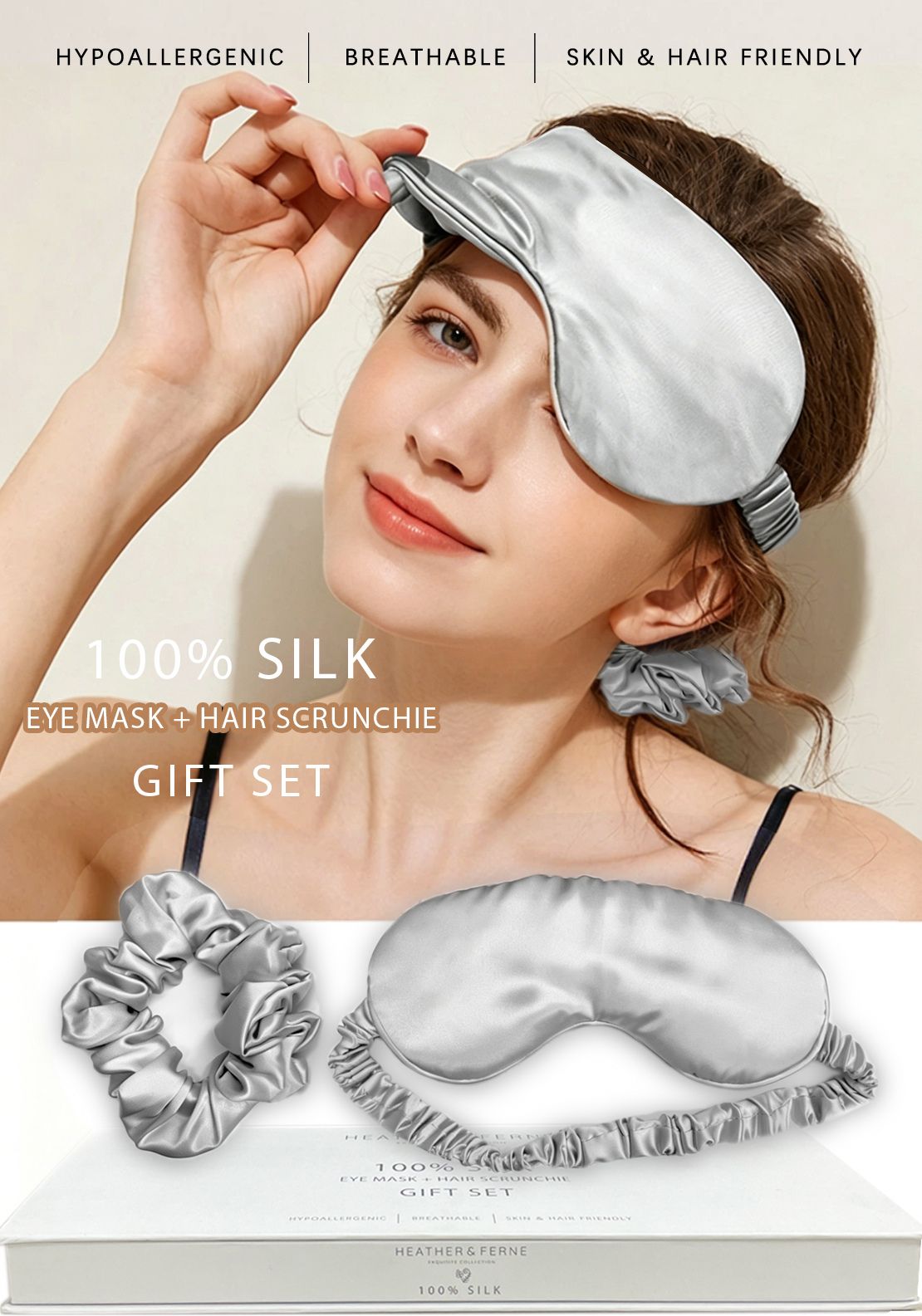 Heather &amp; Ferne Silk Gift Set Mask &amp; Scrunch - Grey 1 Shaws Department Stores