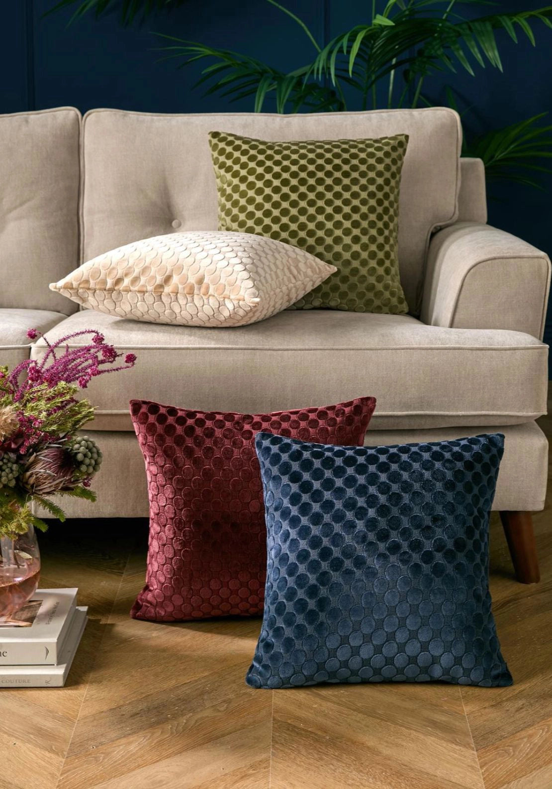 Velvet Polka Spot Cushion - Blue