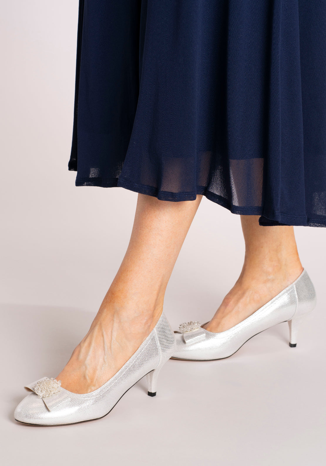 Sorento Gran Low Heel Court With Bow - Silver Shimmer 6 Shaws Department Stores