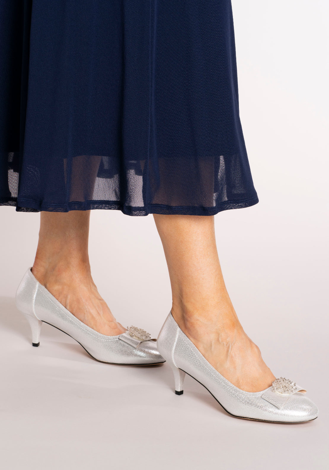 Sorento Gran Low Heel Court With Bow - Silver Shimmer 5 Shaws Department Stores