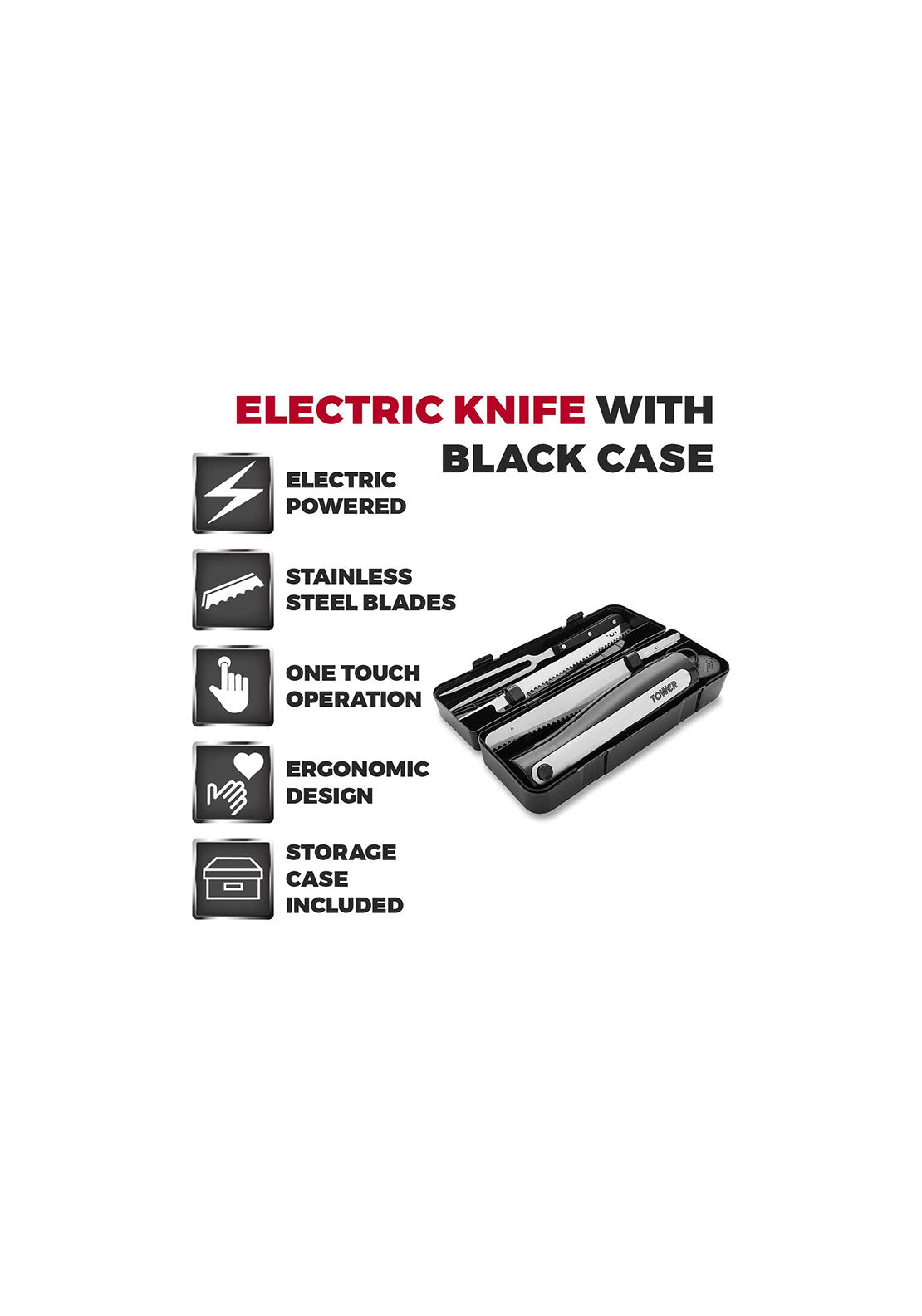 Tower Electric Knife With Fork &amp; Black Case | T19028 4 Shaws Department Stores