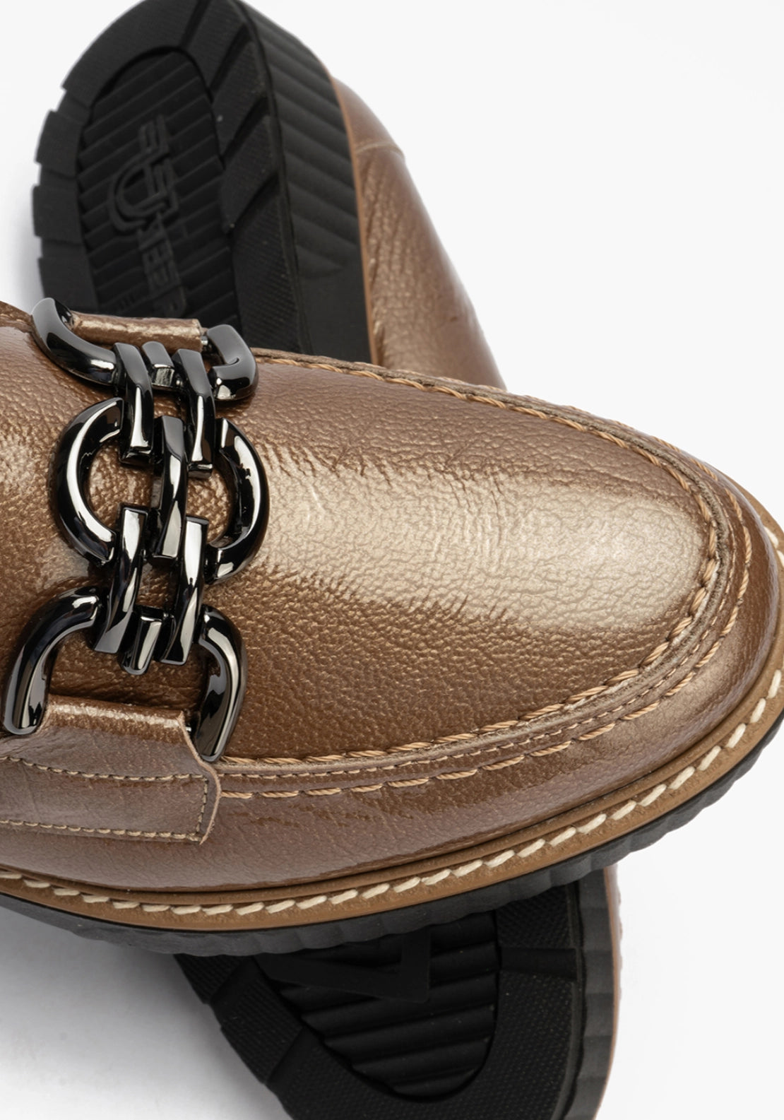 Patent Loafer With Chain Link - Taupe