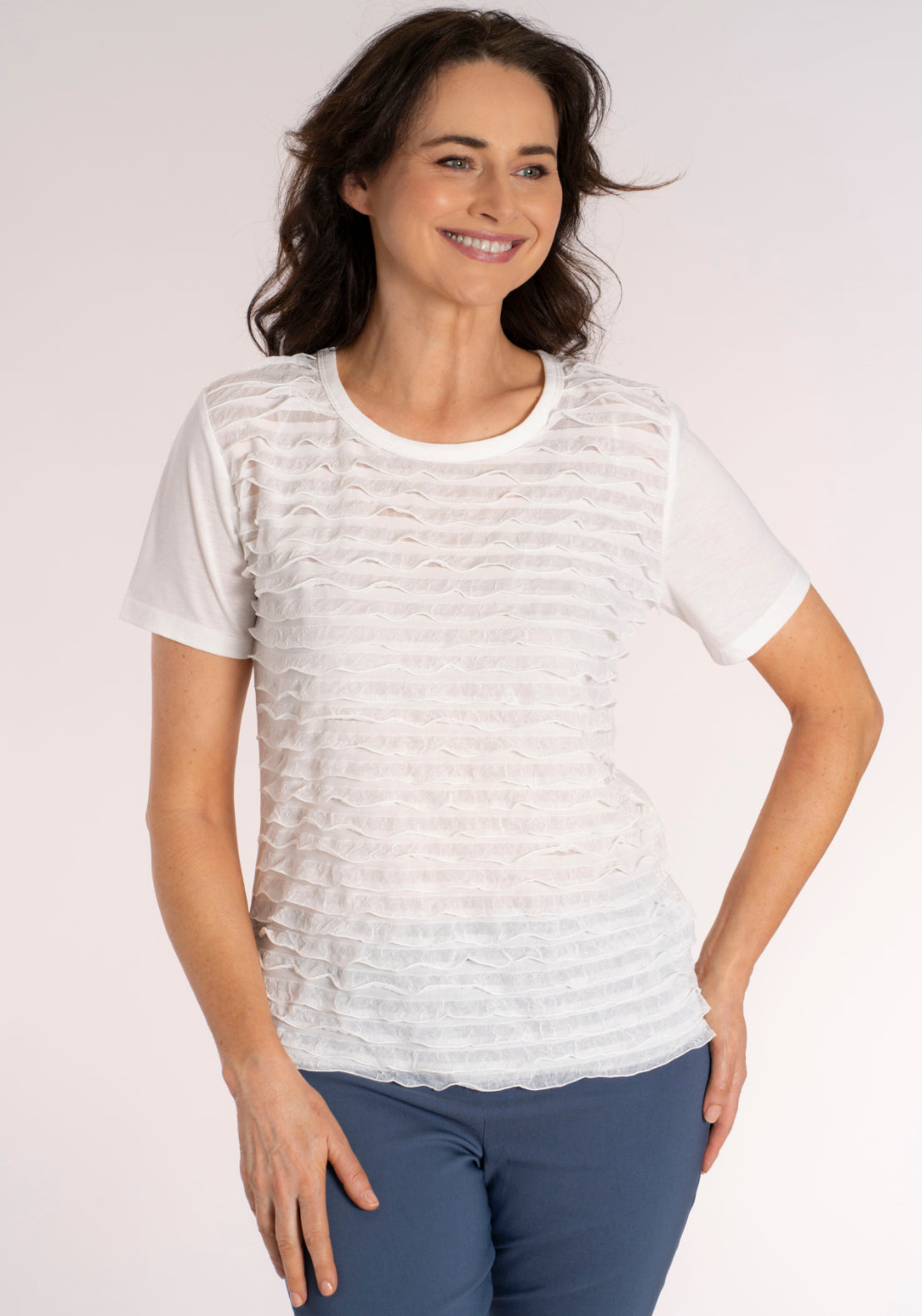 Tea Lane Solid Ruffle T‑Shirt - White 1 Shaws Department Stores
