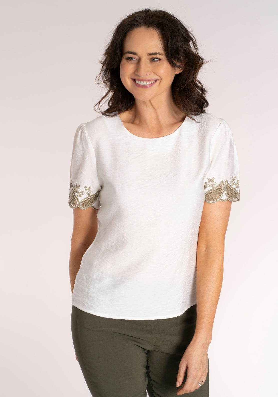 Tea Lane Embroidered Sleeve Top - Ivory Khaki 5 Shaws Department Stores