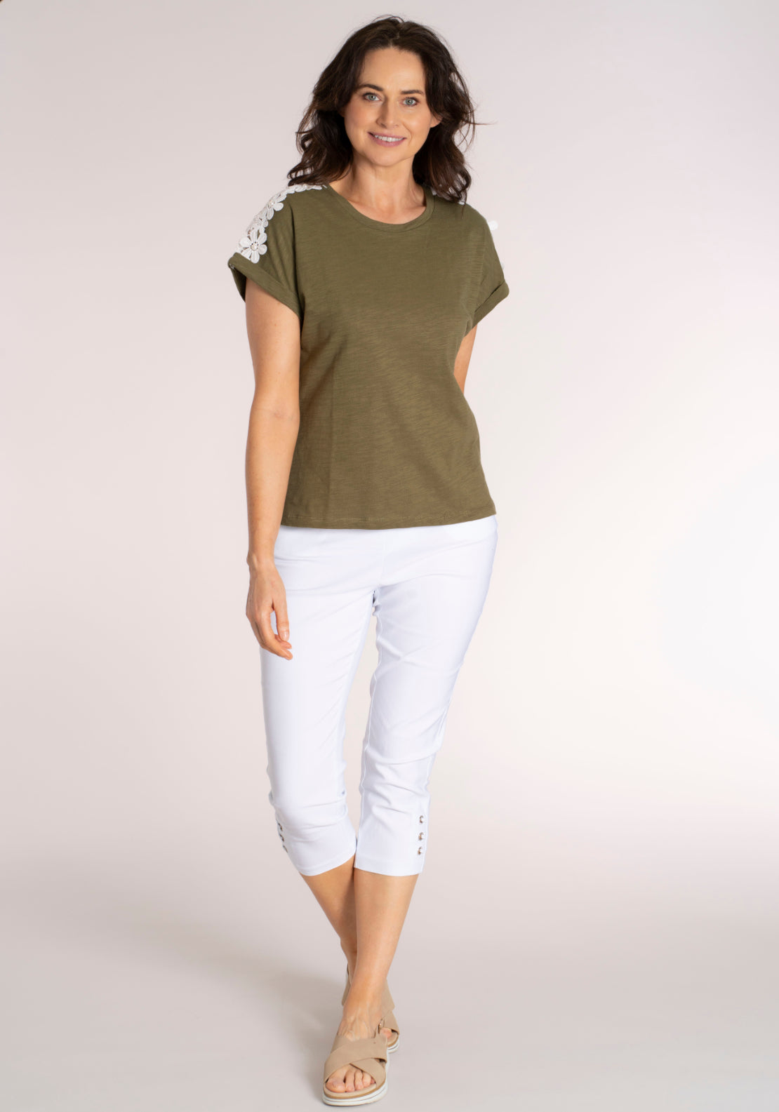 Tea Lane Embellished Shoulder Cotton T‑Shirt - Green 5 Shaws Department Stores