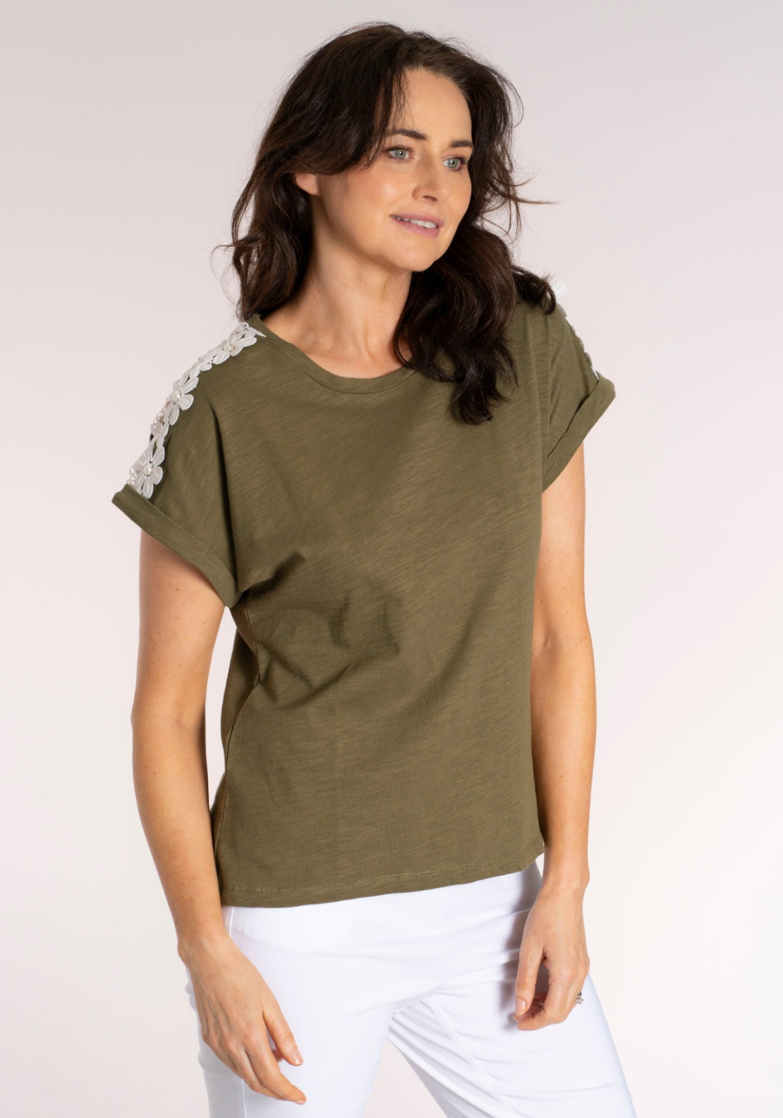 Tea Lane Embellished Shoulder Cotton T‑Shirt - Green 4 Shaws Department Stores