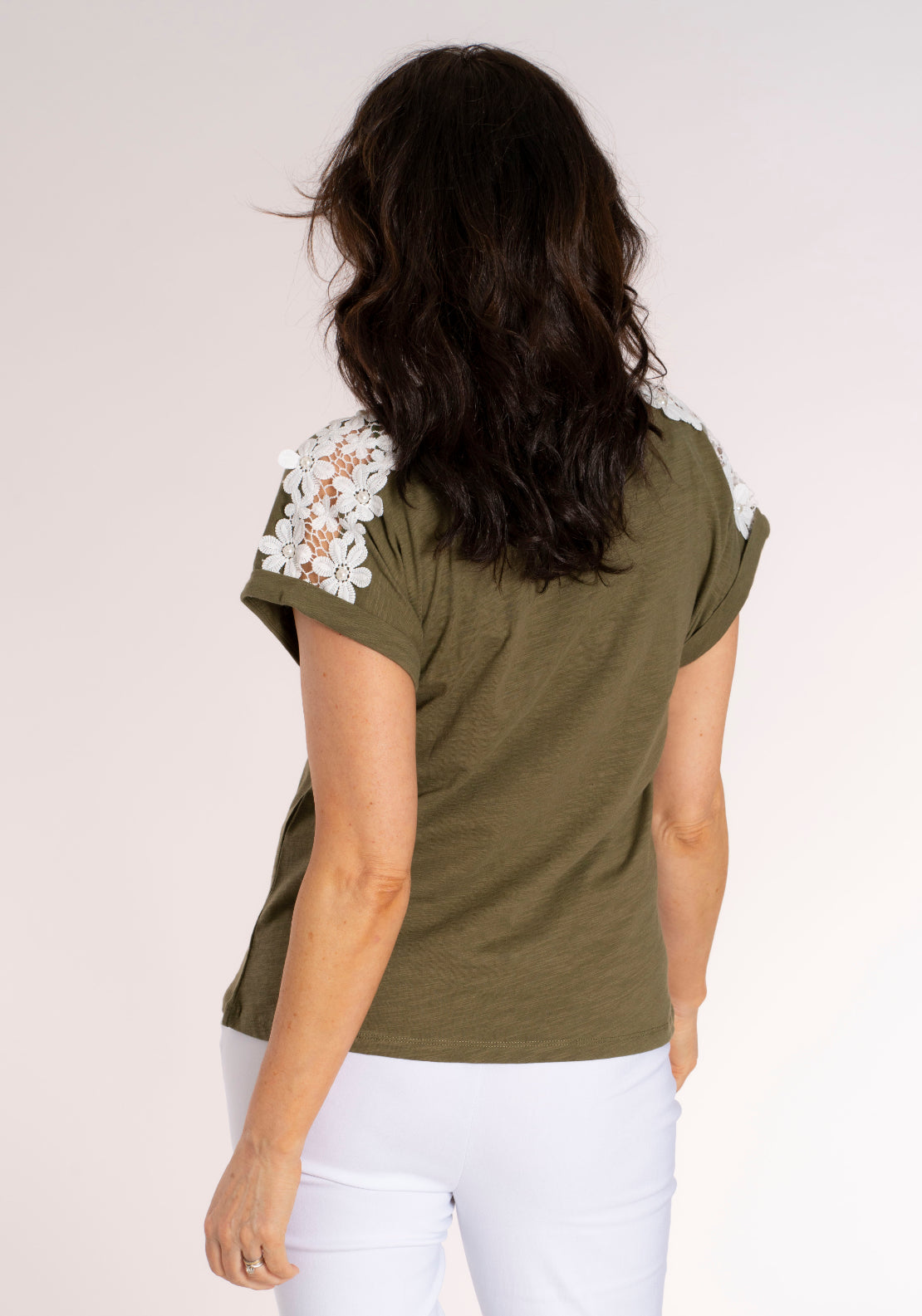 Tea Lane Embellished Shoulder Cotton T‑Shirt - Green 2 Shaws Department Stores