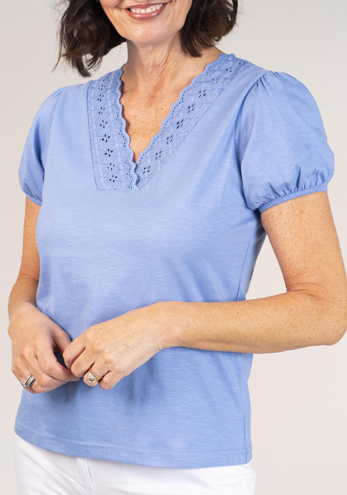 Tea Lane Short Sleeve v-neck T-Shirt - Lace Trim 1 Shaws Department Stores