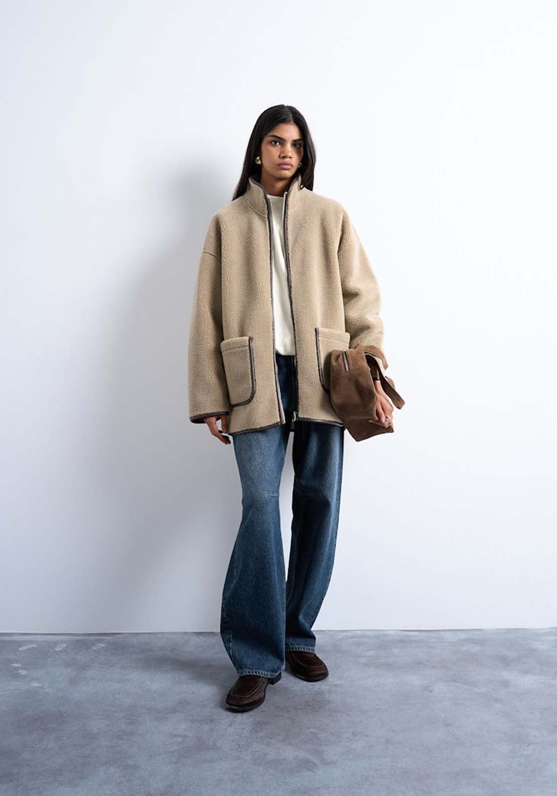 Topshop Aria High Neck Teddy Jacket - Chocolate Brown 4 Shaws Department Stores
