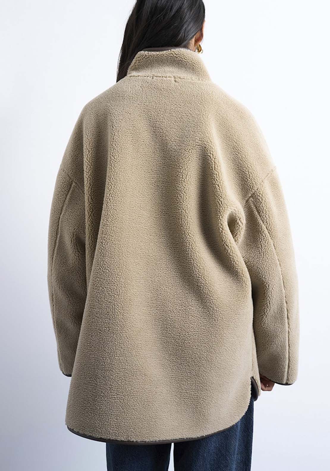 Topshop Aria High Neck Teddy Jacket - Chocolate Brown 2 Shaws Department Stores