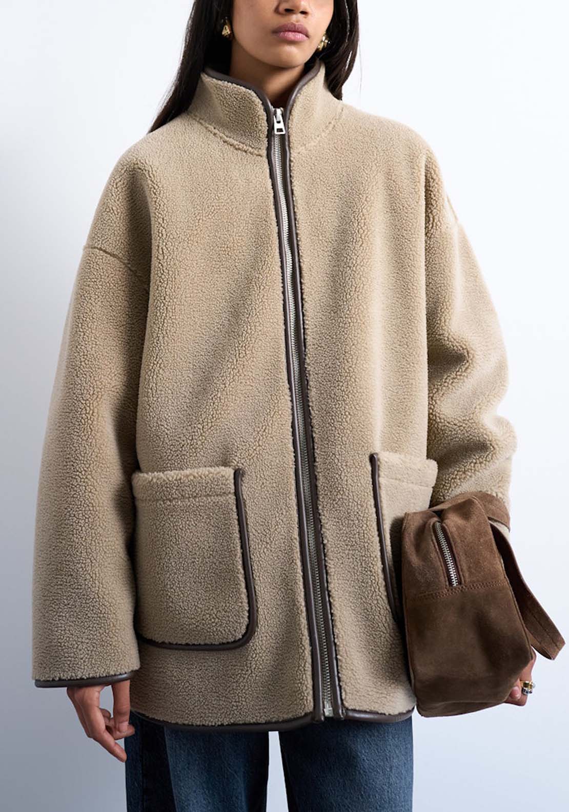 Topshop Aria High Neck Teddy Jacket - Chocolate Brown 1 Shaws Department Stores