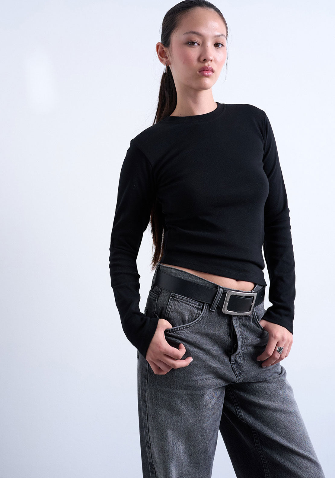 Topshop Everyday Long Sleeve Top - Black 1 Shaws Department Stores