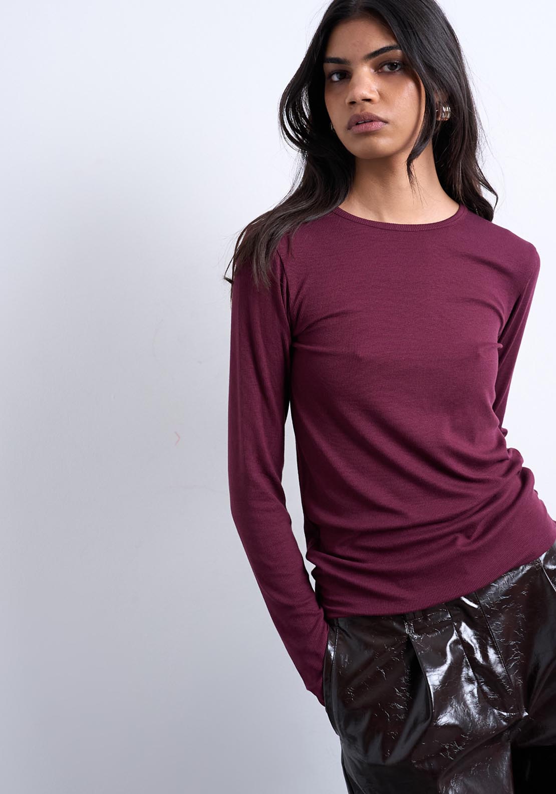 Topshop Premium Long Sleeve Top Jrs - Burgundy 1 Shaws Department Stores