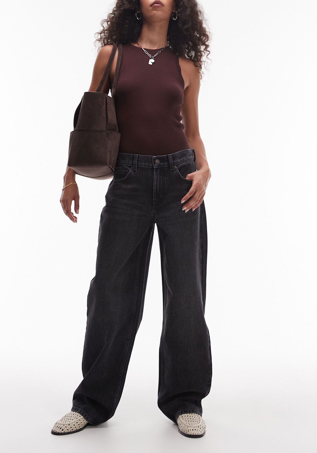 Topshop Cinch Low Rise Wide Jeans - Black Denim 1 Shaws Department Stores