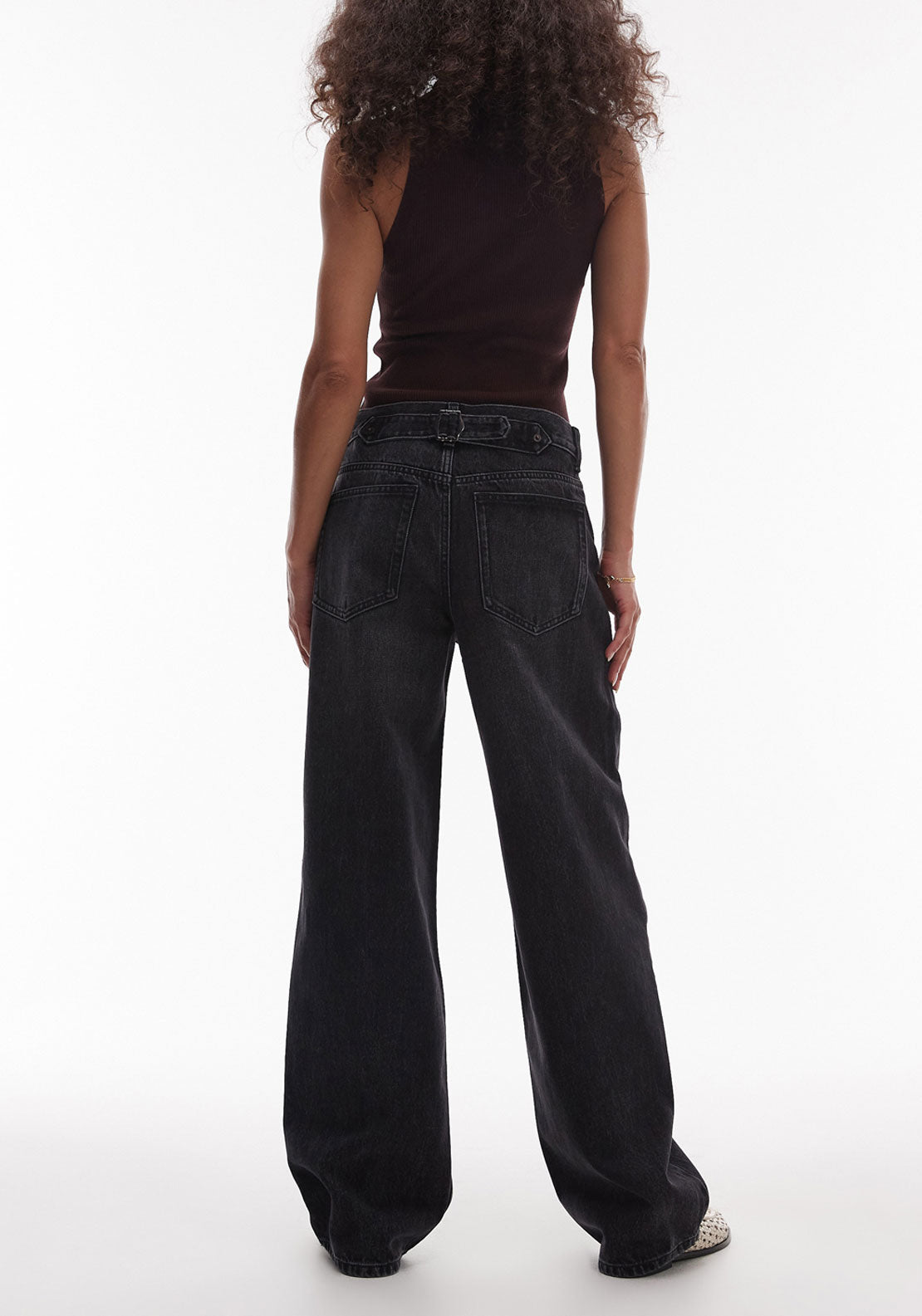Topshop Cinch Low Rise Wide Jeans - Black Denim 2 Shaws Department Stores