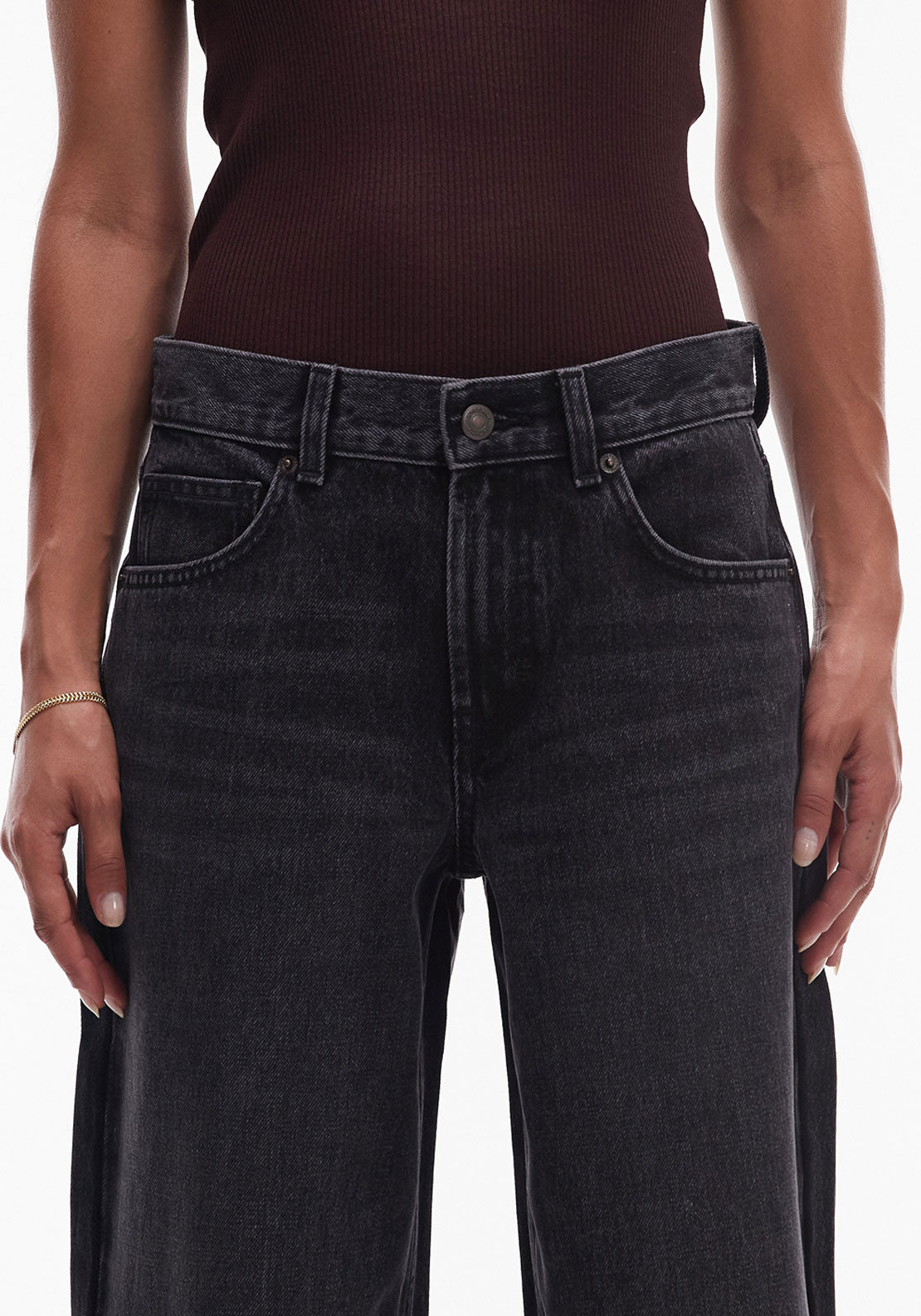 Topshop Cinch Low Rise Wide Jeans - Black Denim 4 Shaws Department Stores