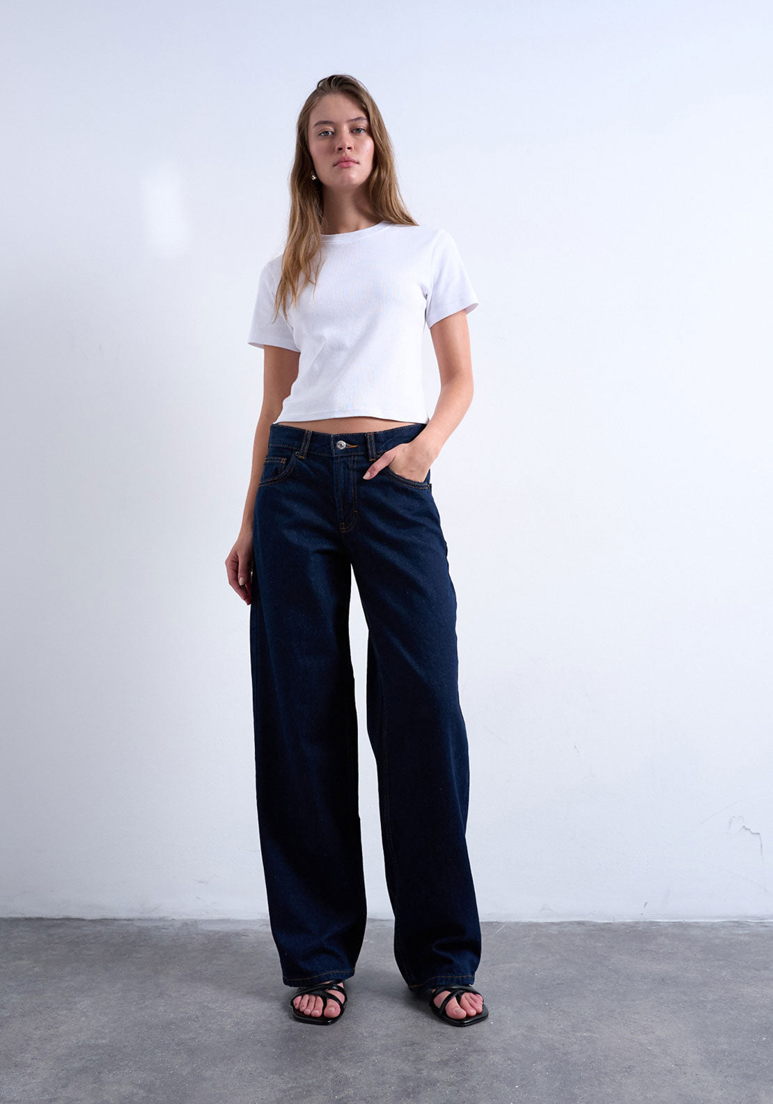 Topshop Cinch Low Waist Wide Jeans - Dark Blue Denim 3 Shaws Department Stores