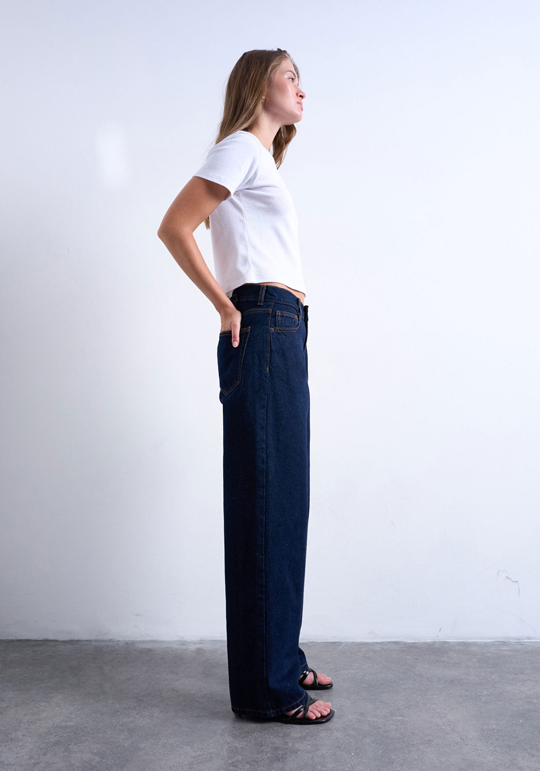 Topshop Cinch Low Waist Wide Jeans - Dark Blue Denim 4 Shaws Department Stores