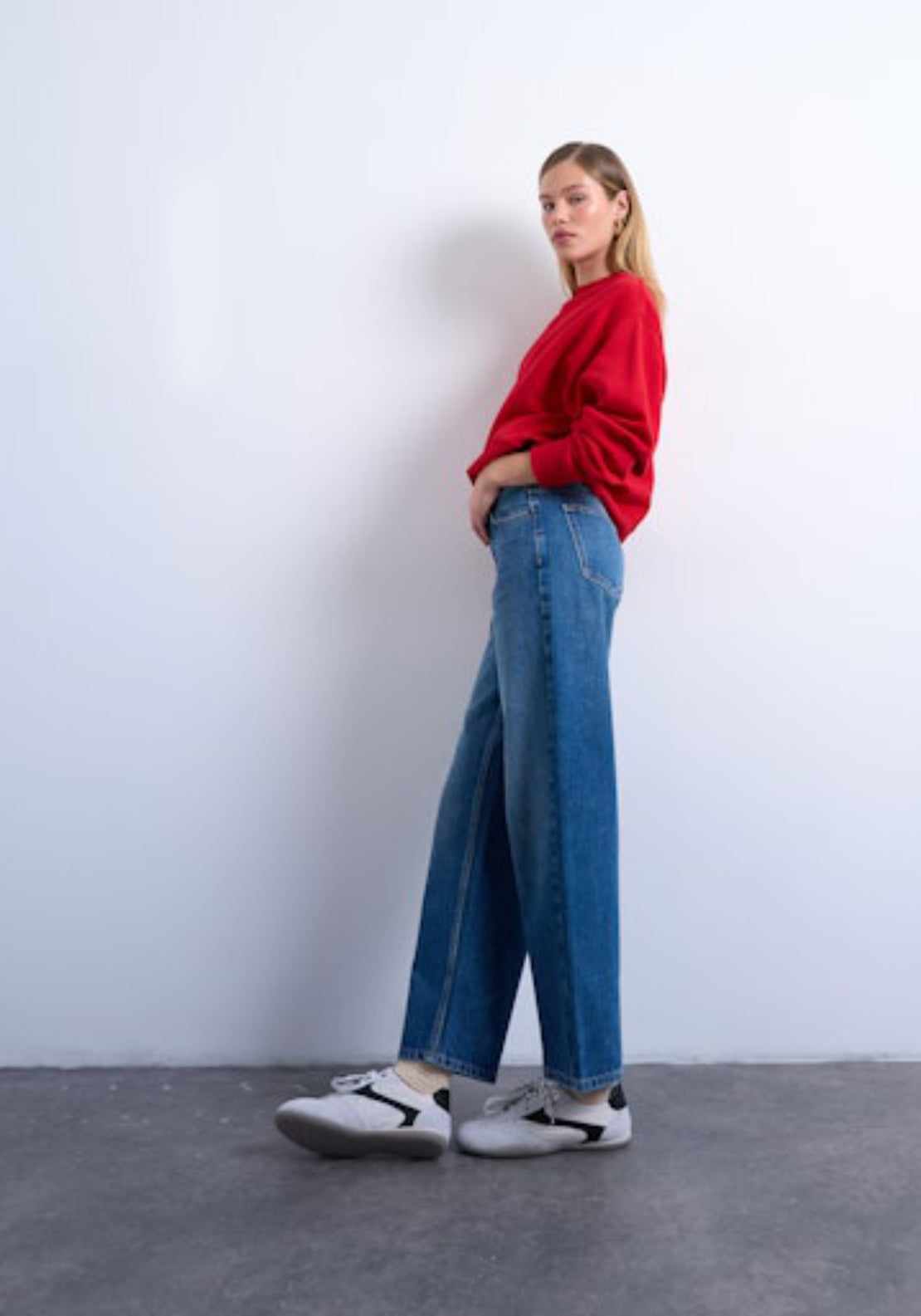 Topshop Cinch Low Rise Wide Jeans - Medium Blue Denim 3 Shaws Department Stores