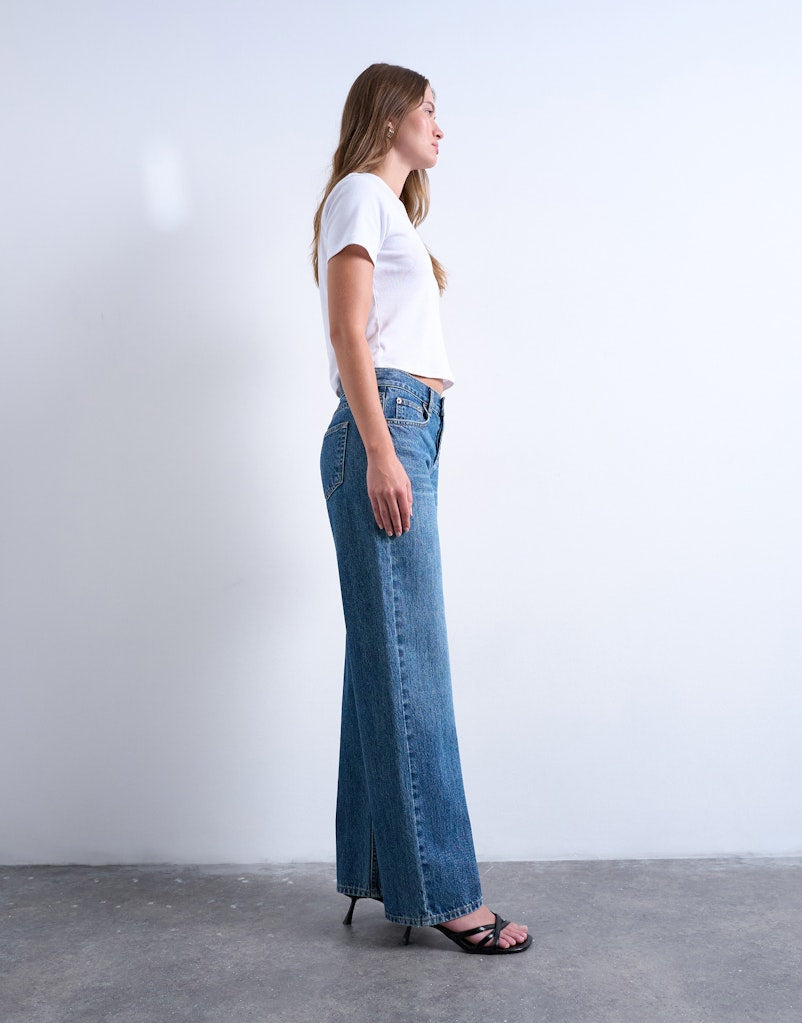 Topshop Ember Low Rise Wide Jean - Medium Blue Denim 3 Shaws Department Stores