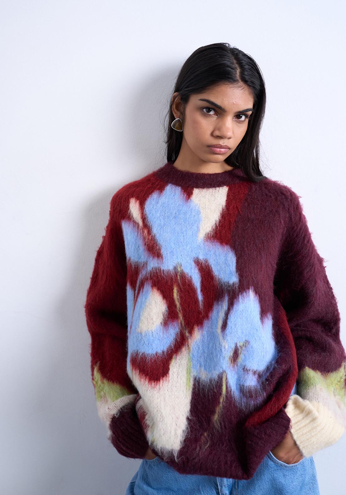 Topshop Ivy Flower Knit Pullover - Burgundy 1 Shaws Department Stores