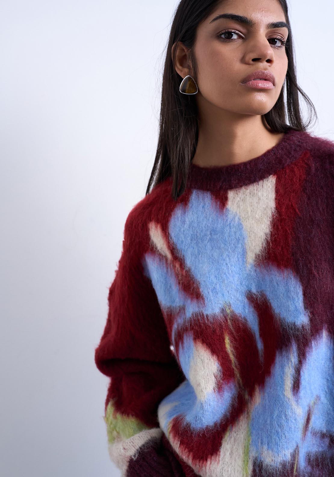 Topshop Ivy Flower Knit Pullover - Burgundy 3 Shaws Department Stores