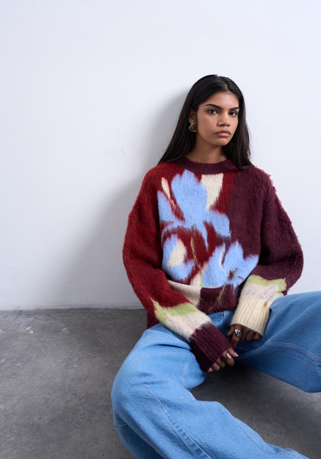 Topshop Ivy Flower Knit Pullover - Burgundy 4 Shaws Department Stores