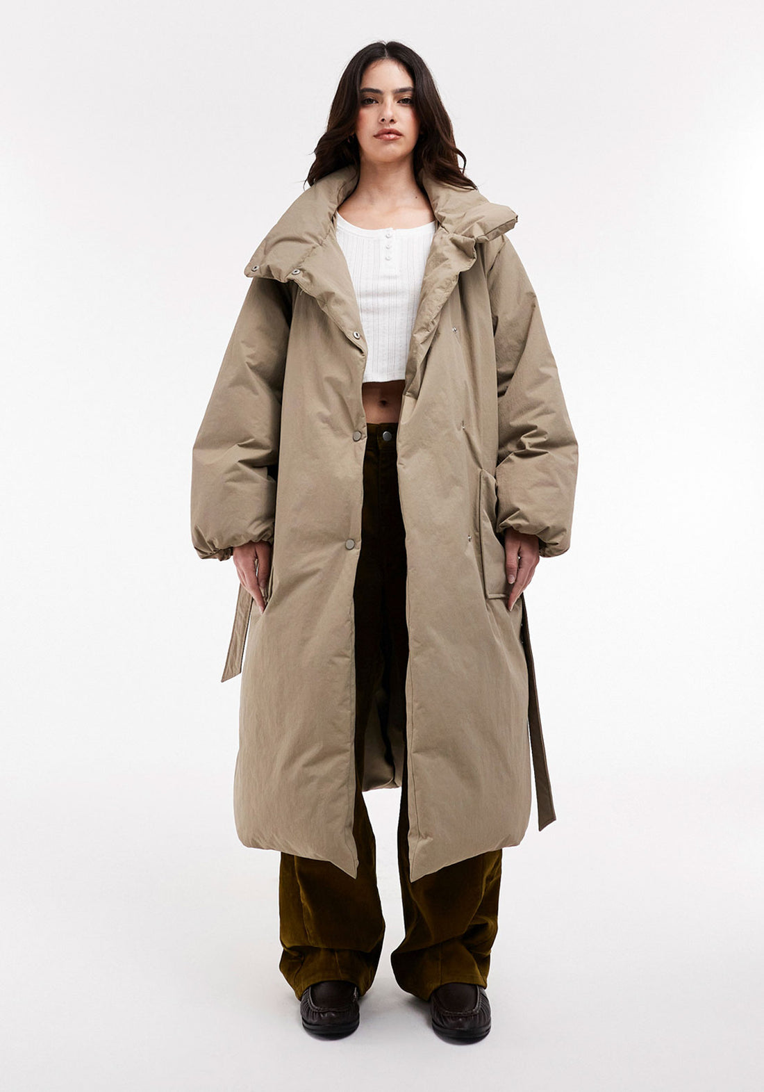 Topshop Julia Belted Puffer Jacket - Beige 1 Shaws Department Stores
