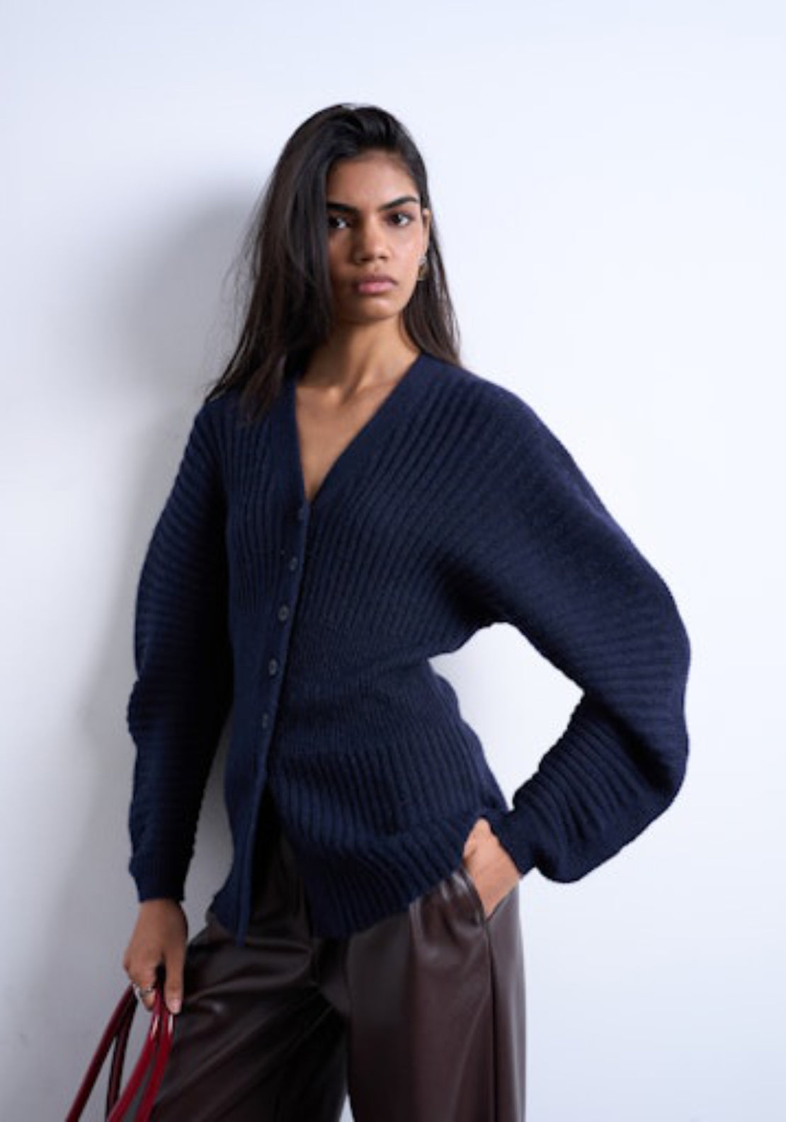 Topshop Brit Long Sleeve V-Neck Cardigan - Navy Blazer 1 Shaws Department Stores