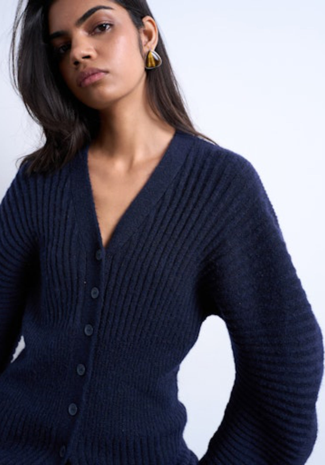 Topshop Brit Long Sleeve V-Neck Cardigan - Navy Blazer 3 Shaws Department Stores