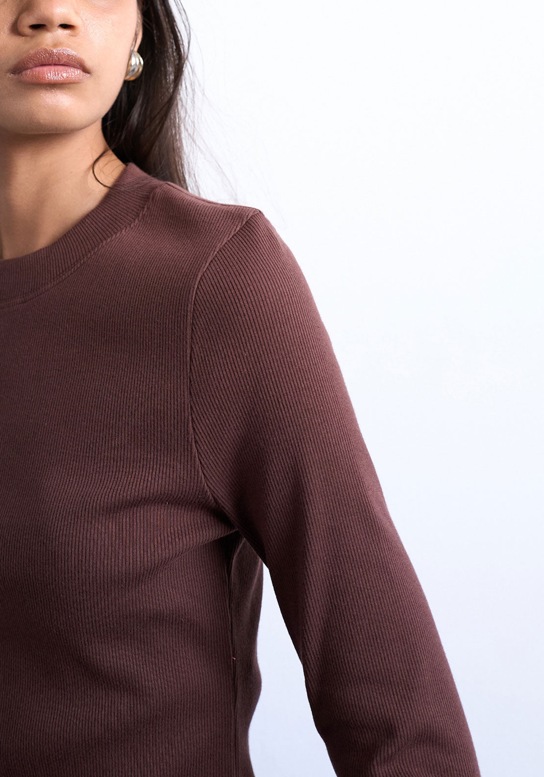 Topshop Bea Rib Curved Hem Top - Chocolate Brown 3 Shaws Department Stores