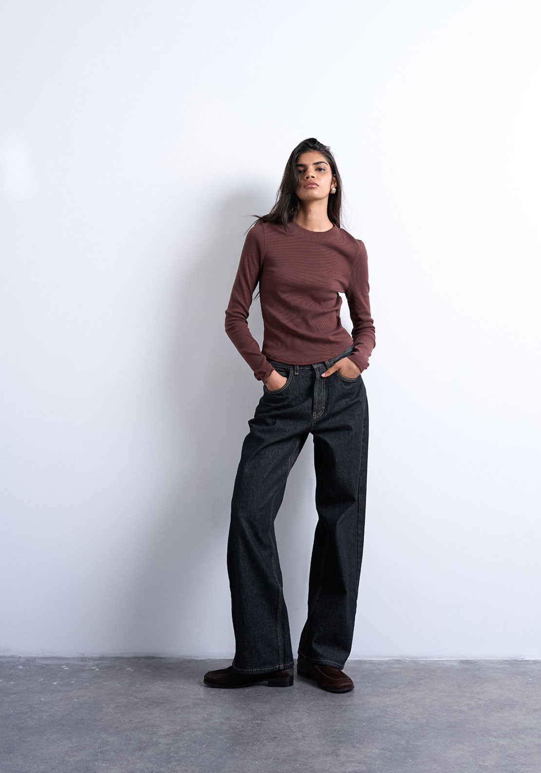 Topshop Bea Rib Curved Hem Top - Chocolate Brown 4 Shaws Department Stores