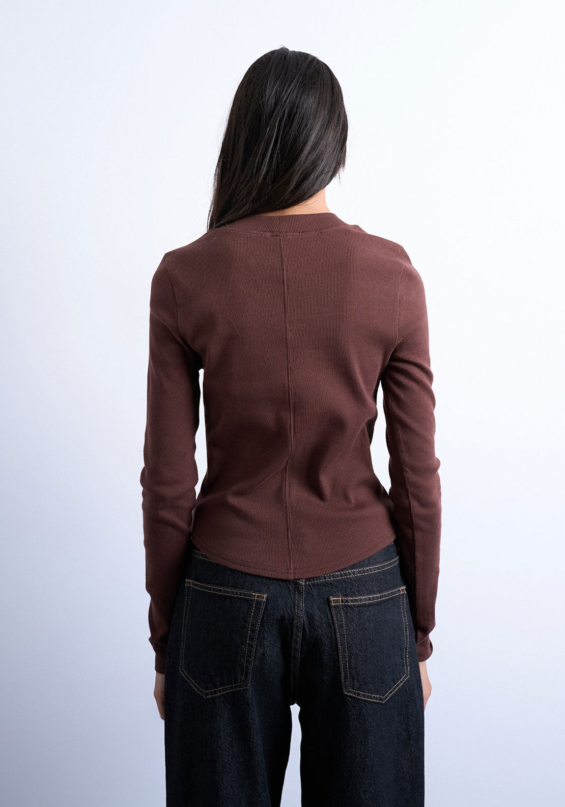 Topshop Bea Rib Curved Hem Top - Chocolate Brown 2 Shaws Department Stores