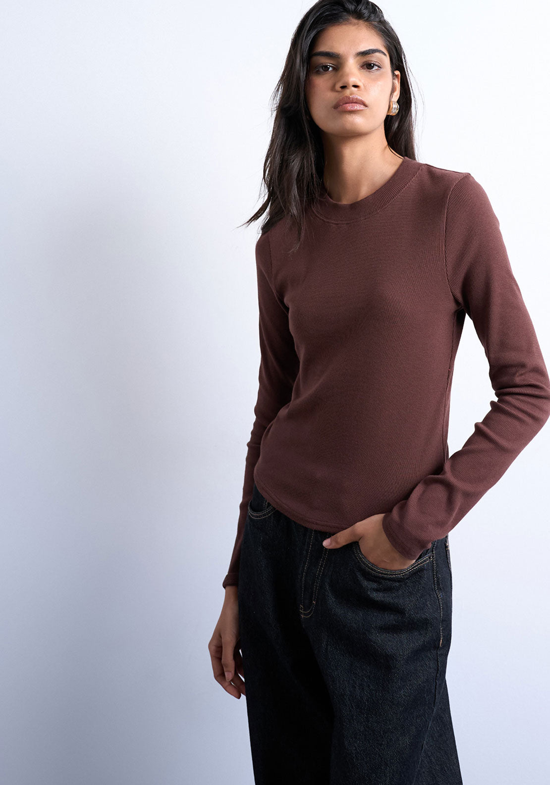 Topshop Bea Rib Curved Hem Top - Chocolate Brown 1 Shaws Department Stores