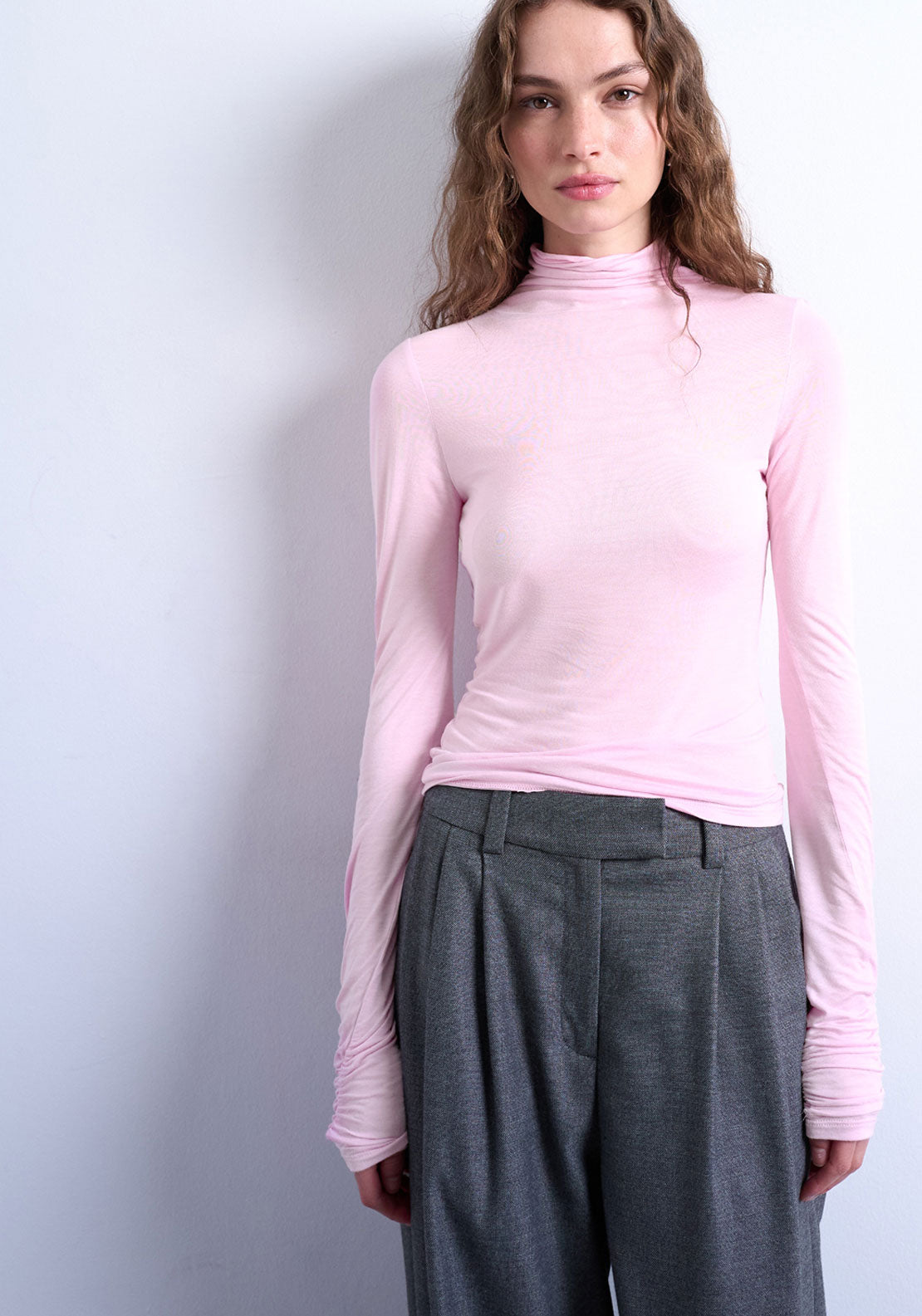 Topshop Haze Long Sleeve High neck Top - Pink Glo 1 Shaws Department Stores