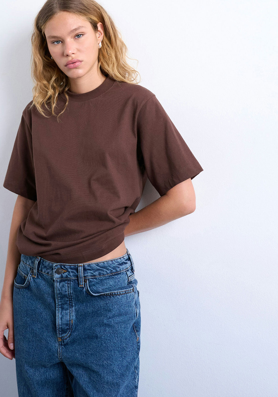 Topshop Julina Short Sleeve Basic T-Shirt - Chocolate Brown 1 Shaws Department Stores