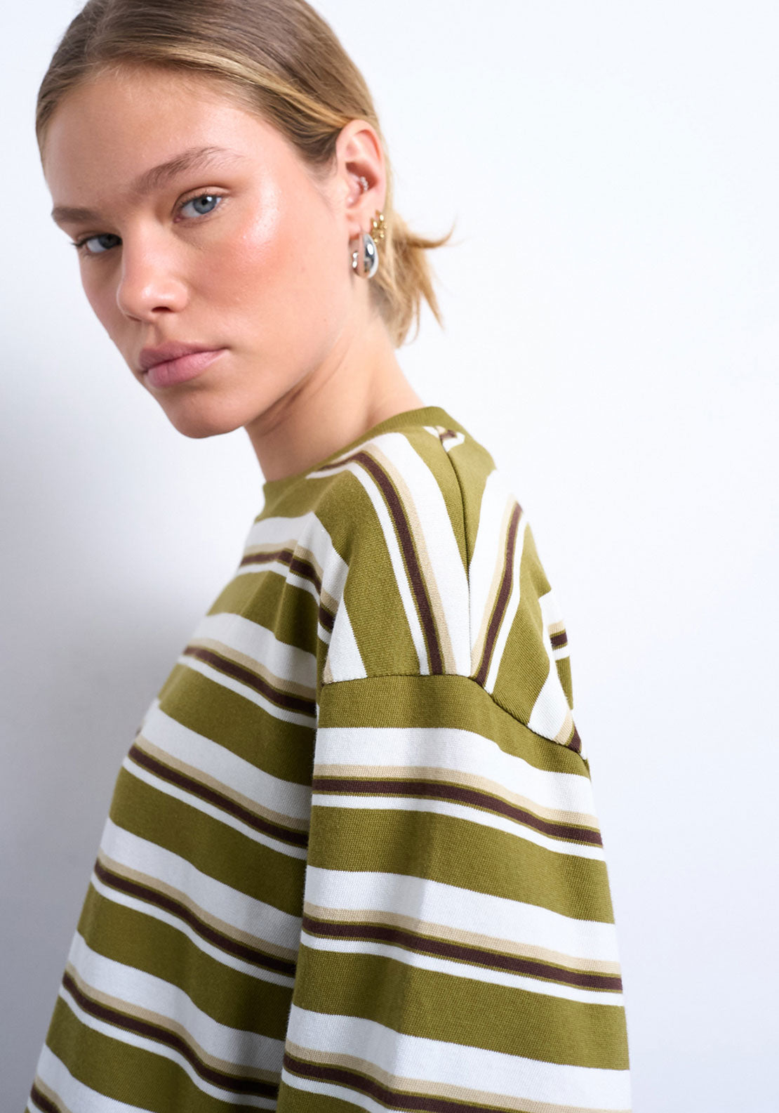 Topshop Nila Stripe Skater T-Shirt - Khaki 3 Shaws Department Stores