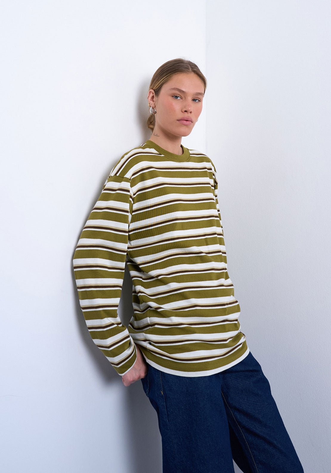 Topshop Nila Stripe Skater T-Shirt - Khaki 1 Shaws Department Stores