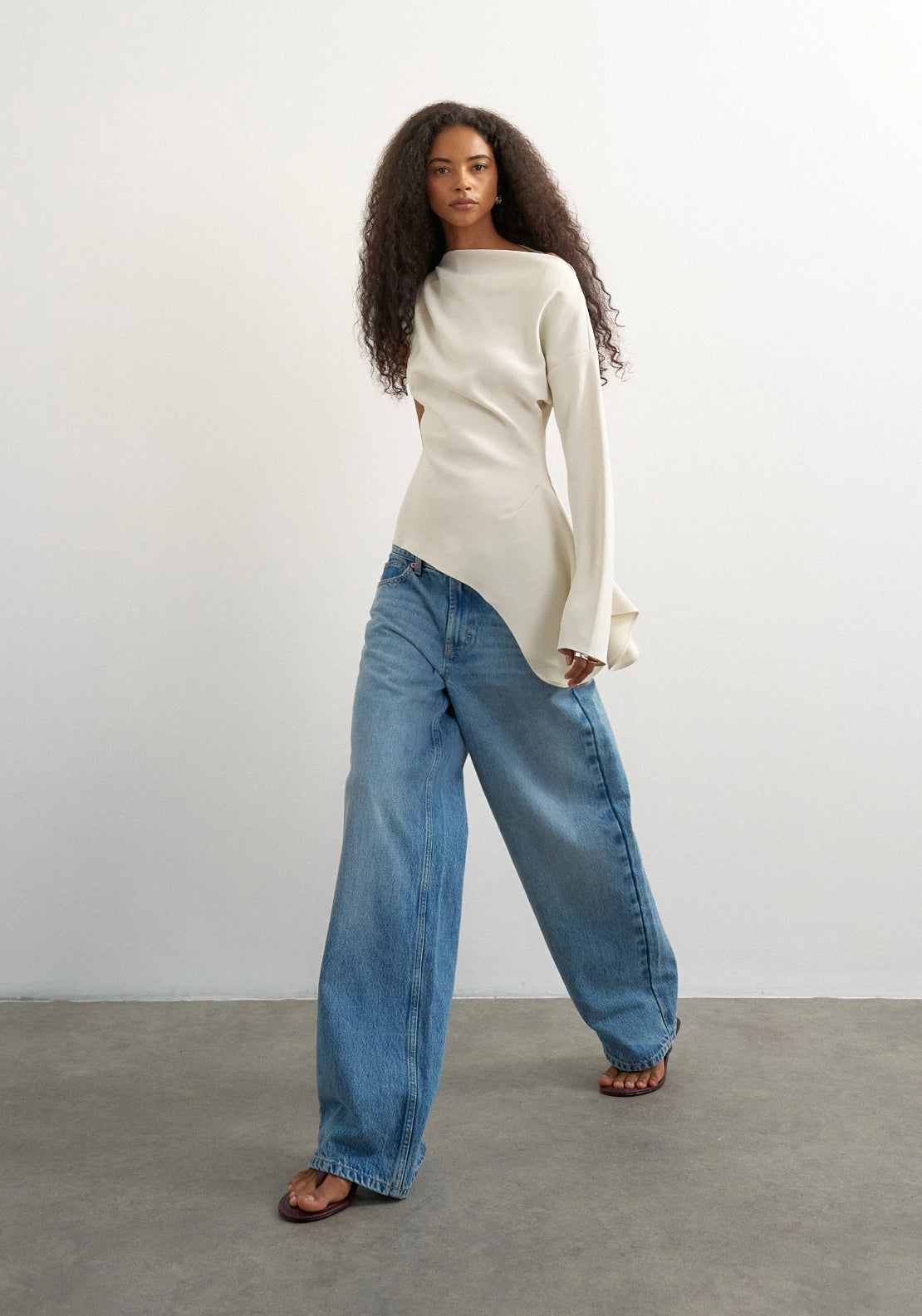 Tena One Shoulder Long Sleeve Top - Double Cream