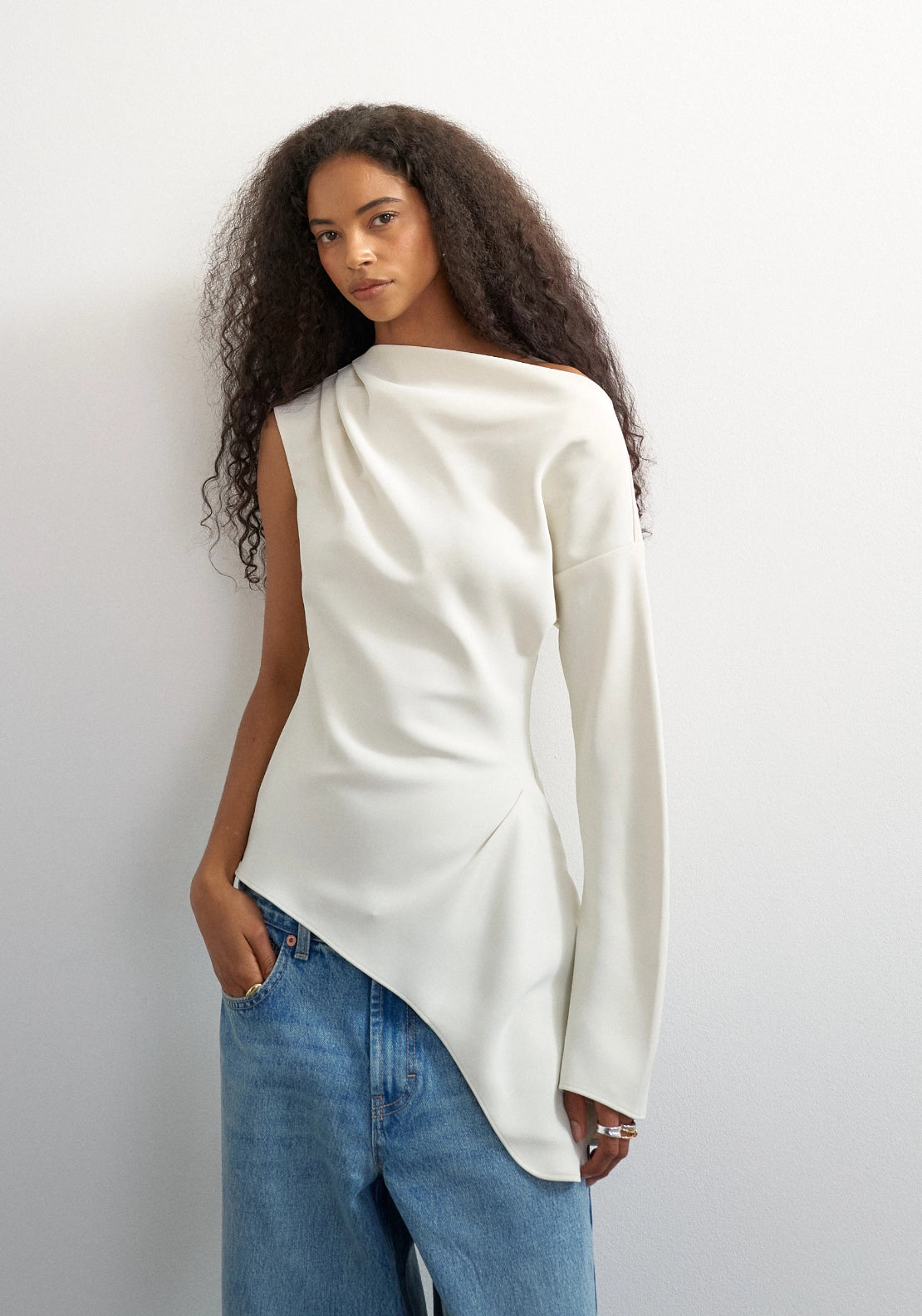 Tena One Shoulder Long Sleeve Top - Double Cream