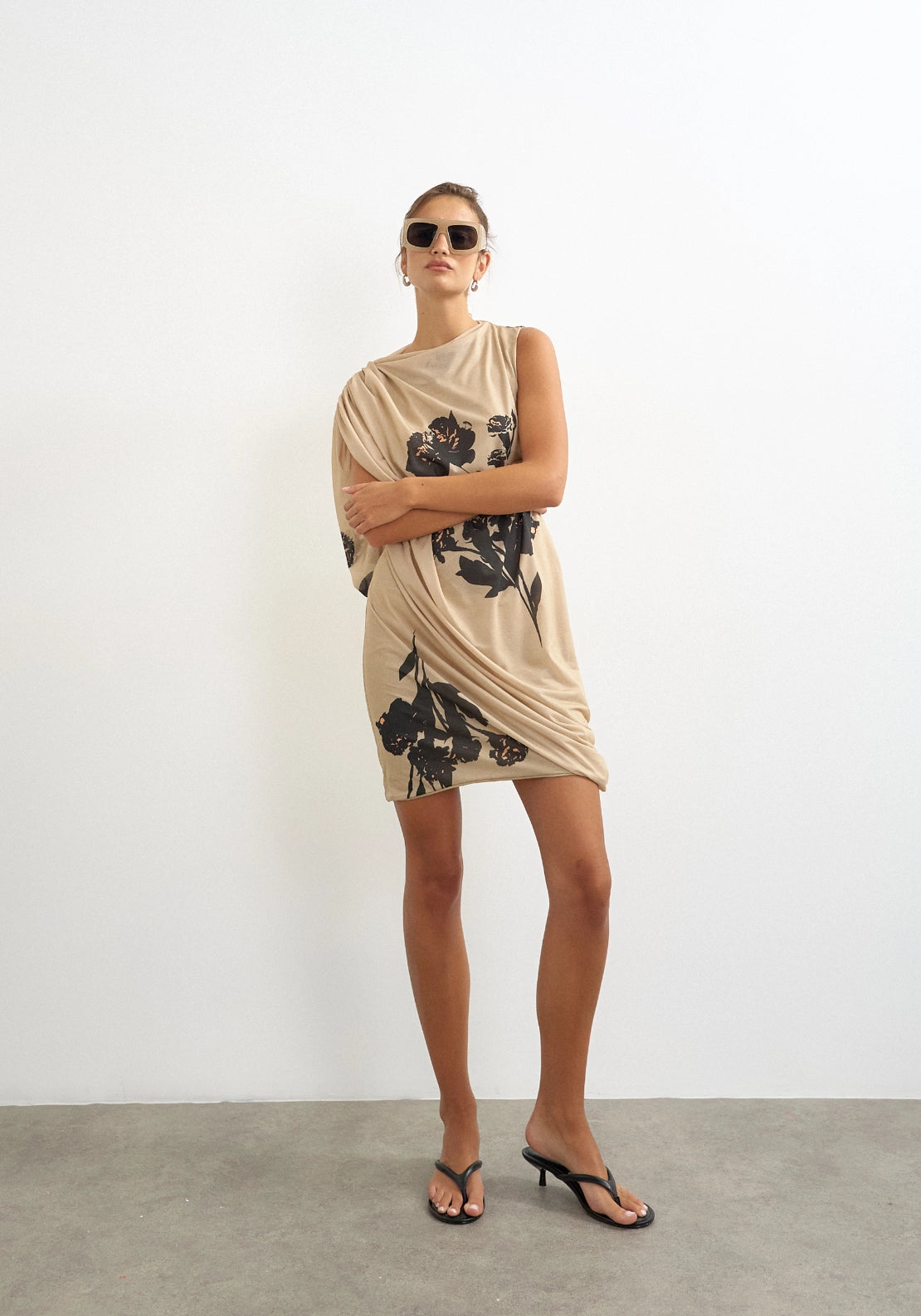Olena Sleeveless Mesh Draped Mini Dress - Beige Floral Print