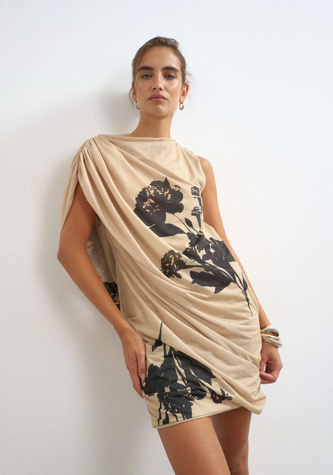 Olena Sleeveless Mesh Draped Mini Dress - Beige Floral Print