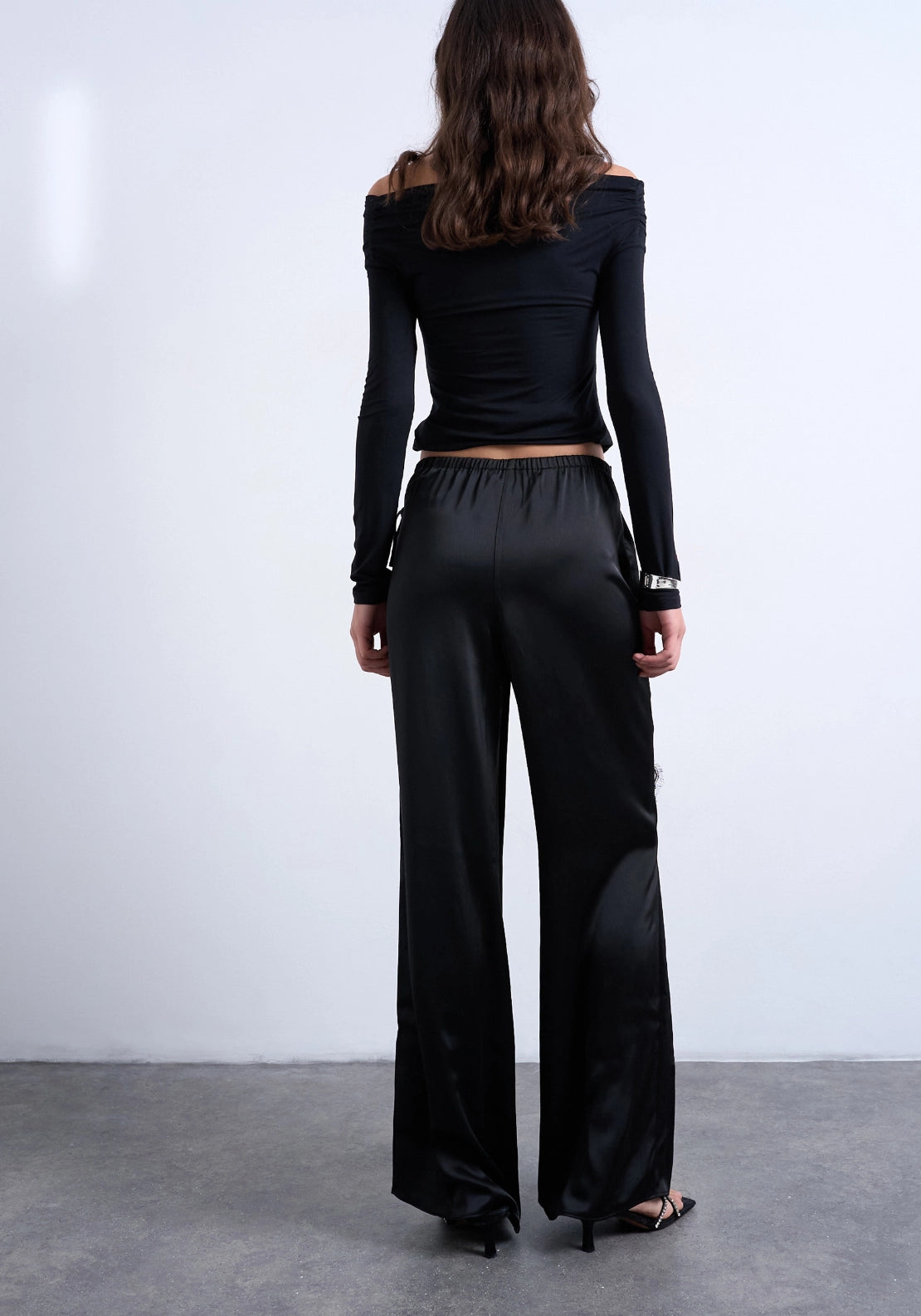 Elin Satin Lace Wide Trousers - Black